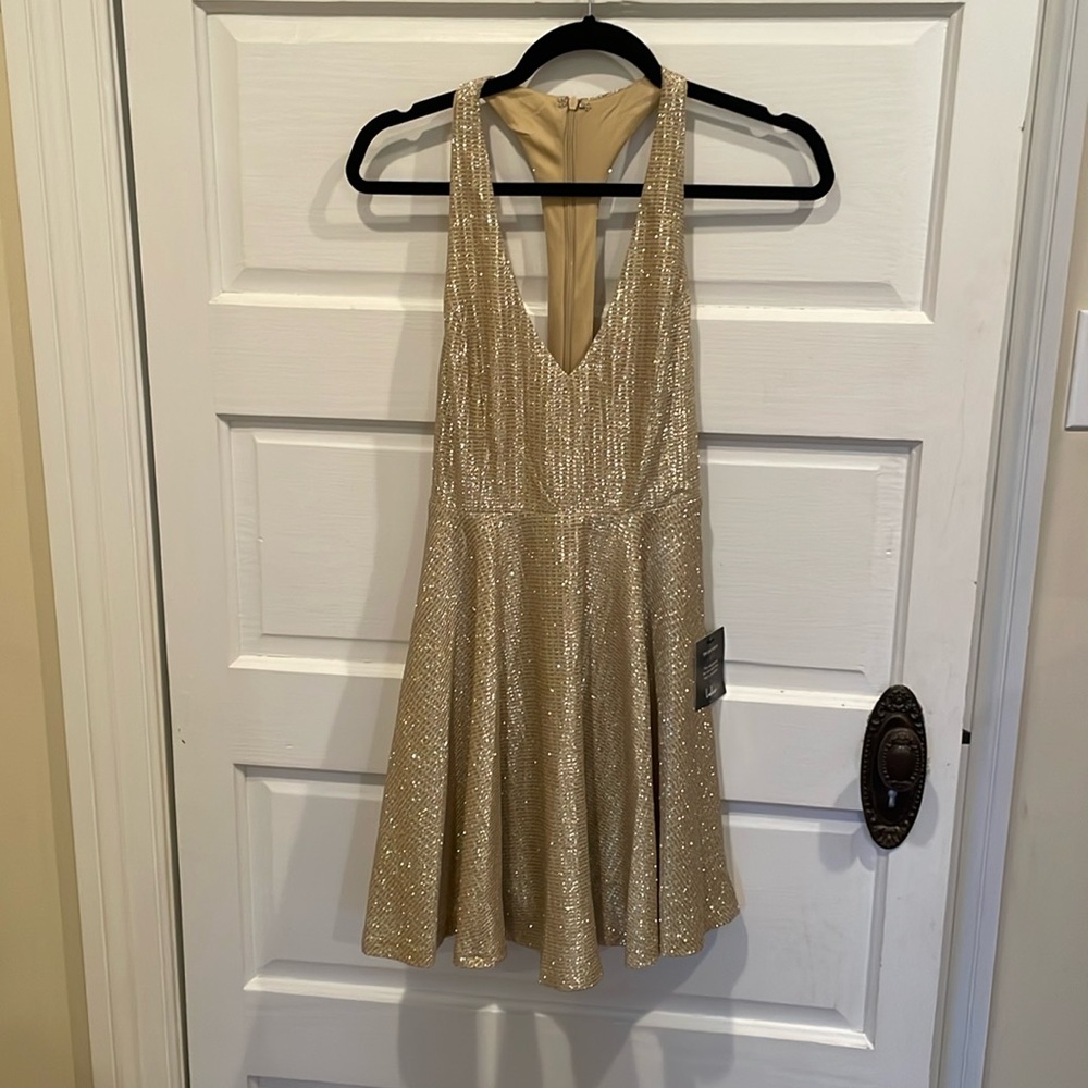 Lulus NWT gold sparkly mini dress racer back XS